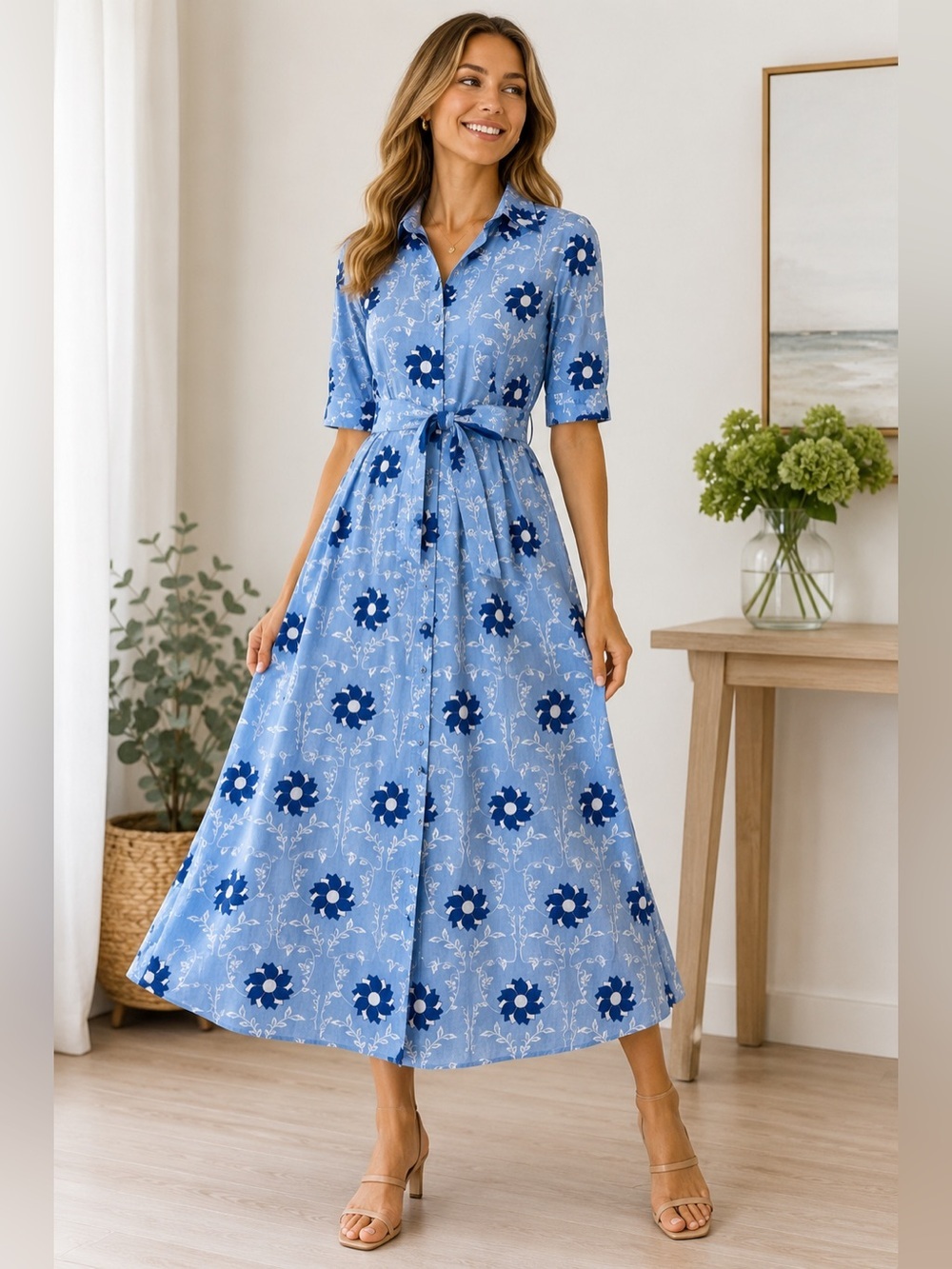 Beau & Ro XS Blue Floral Cotton Shirt Dress Belted Midi Maxi Like New